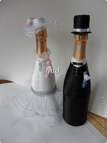 свадебные бутылки, свадебный наряд на бутылки шампанского, наряд на шампанское